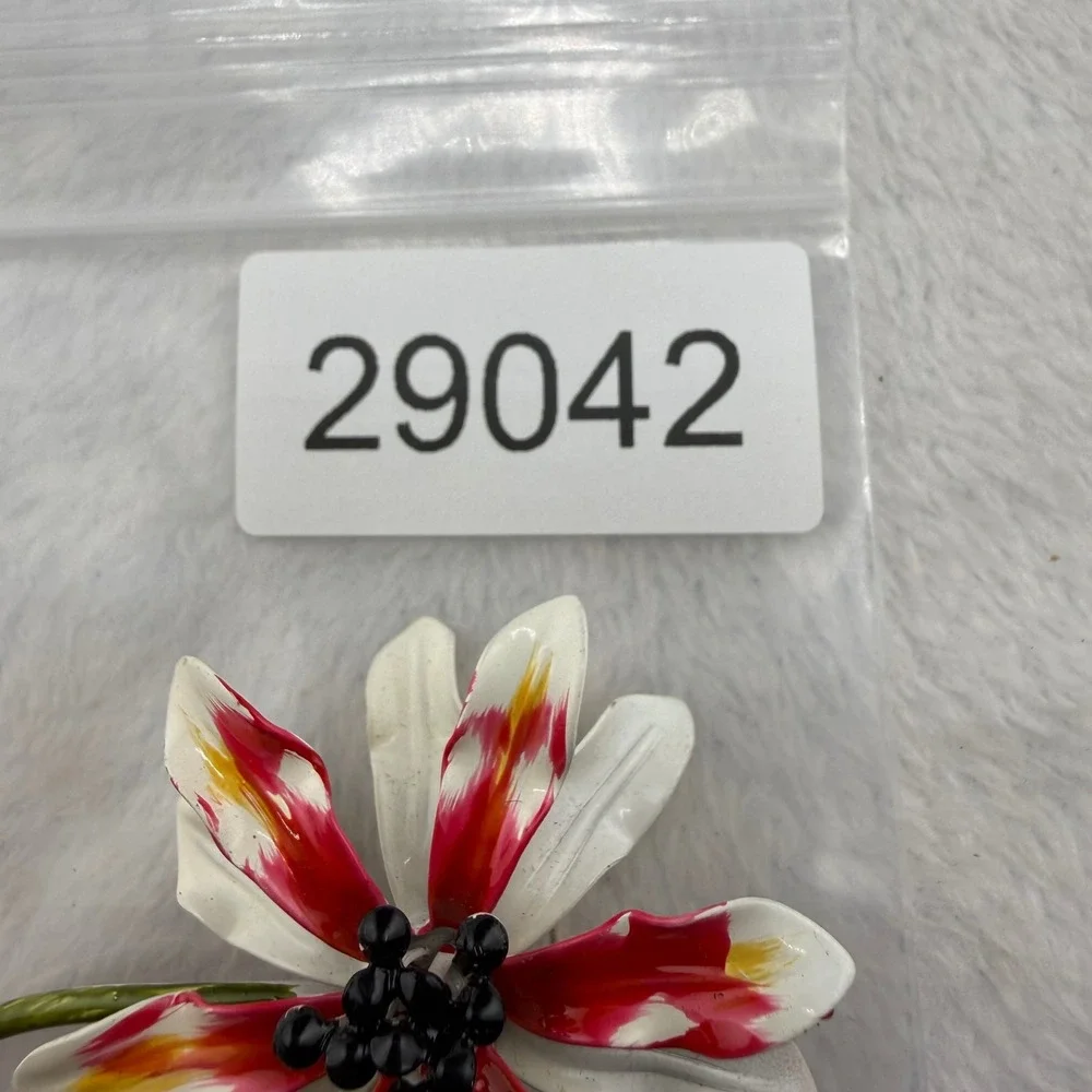 Vintage Enamel Flower Brooch Mod Pop Art White Red Big